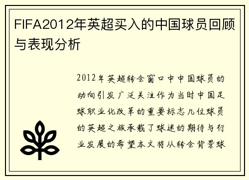 FIFA2012年英超买入的中国球员回顾与表现分析